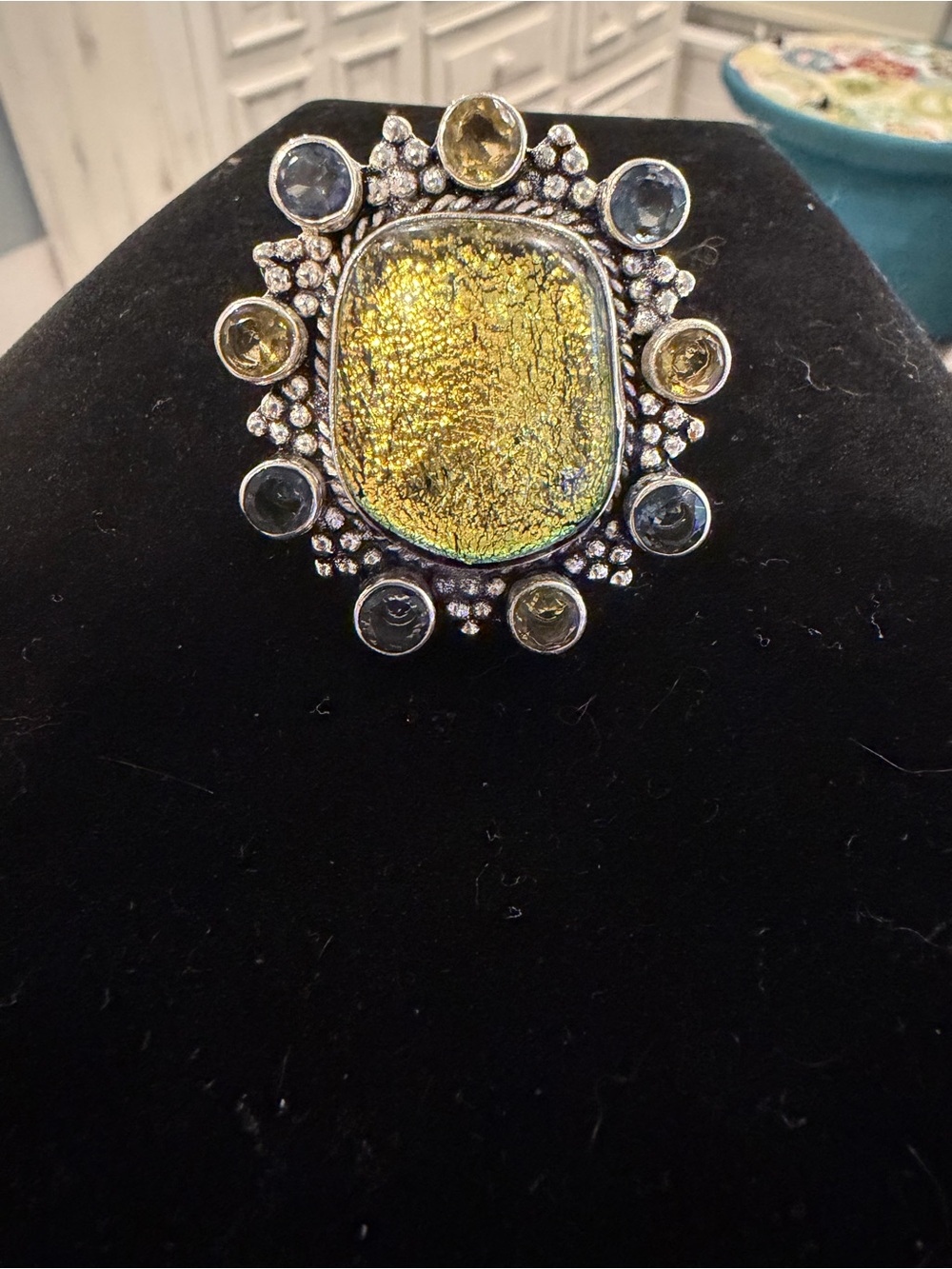 Handcrafted, Vintage Oversized Dichroic Glass Statement Ring